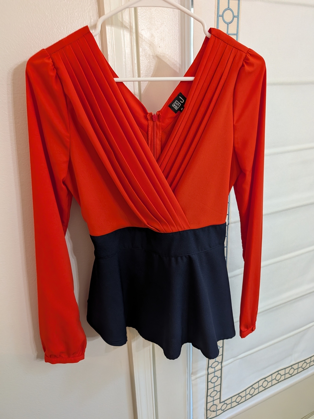 Very J Red Pleated V-Neck Peplum Long Sleeve Top